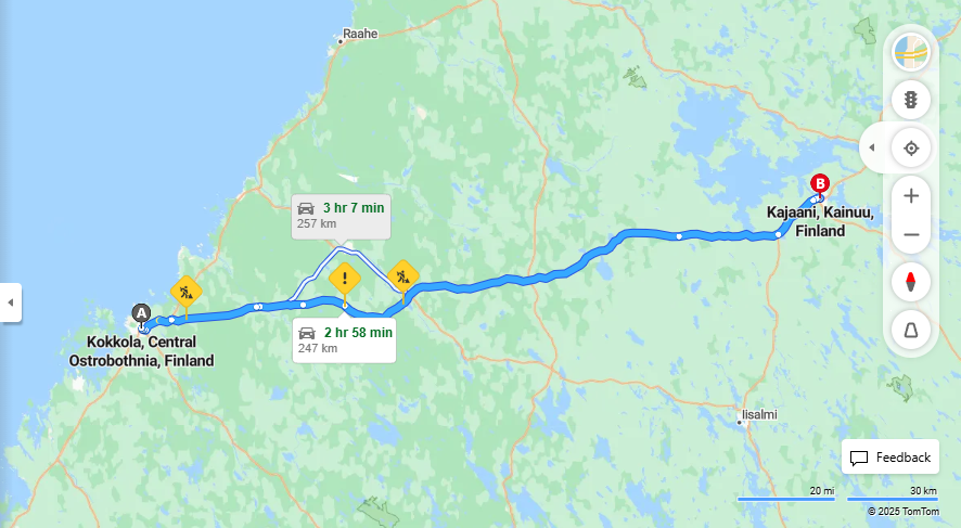 Kokkolasta Kajaaniin - Etaisyys, Ajo, Liikenne ja Matkavaihtoehdot