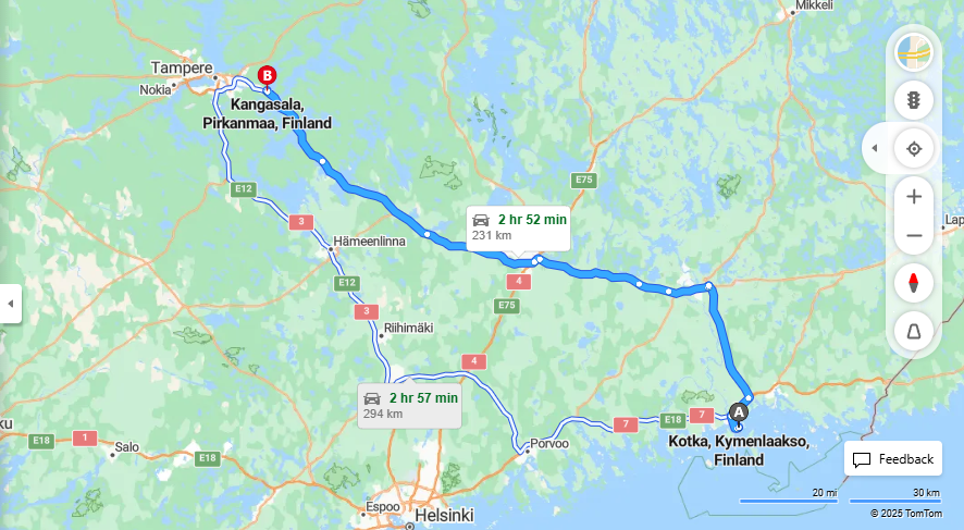 Kotkasta Kangasalalle - Etaisyys, Ajaminen, Kuljetus ja Matkustusmahdollisuudet