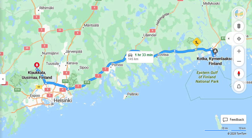 Kotkasta Klaukkalaan - Etaisyys, Ajo, Liikkuminen ja Matkustusmahdollisuudet