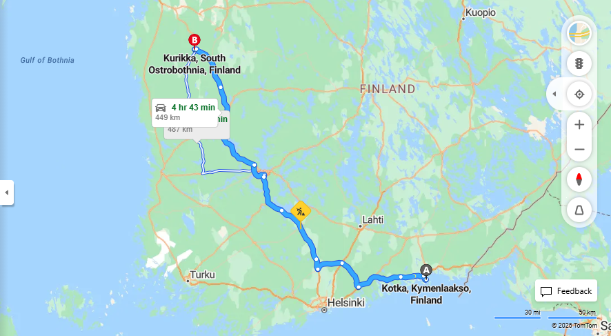 Kotkasta Kurikkaan - Etaisyydet, Ajomatkat, Kuljetus ja Matkustusvaihtoehdot