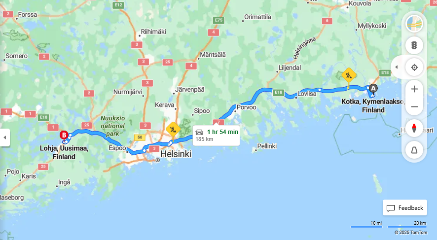 Kotkasta Lohjalle - Etaisyys, Ajo, Liikkuminen ja Matkustusmahdollisuudet