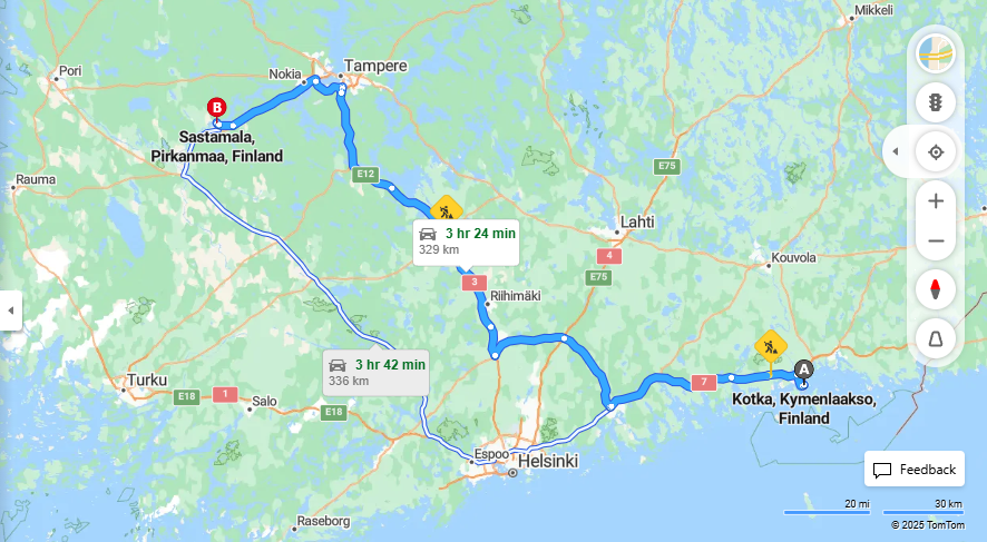 Kotkasta Sastamalaan - Matka, Ajomatka, Kuljetus ja Matkustamisvaihtoehdot