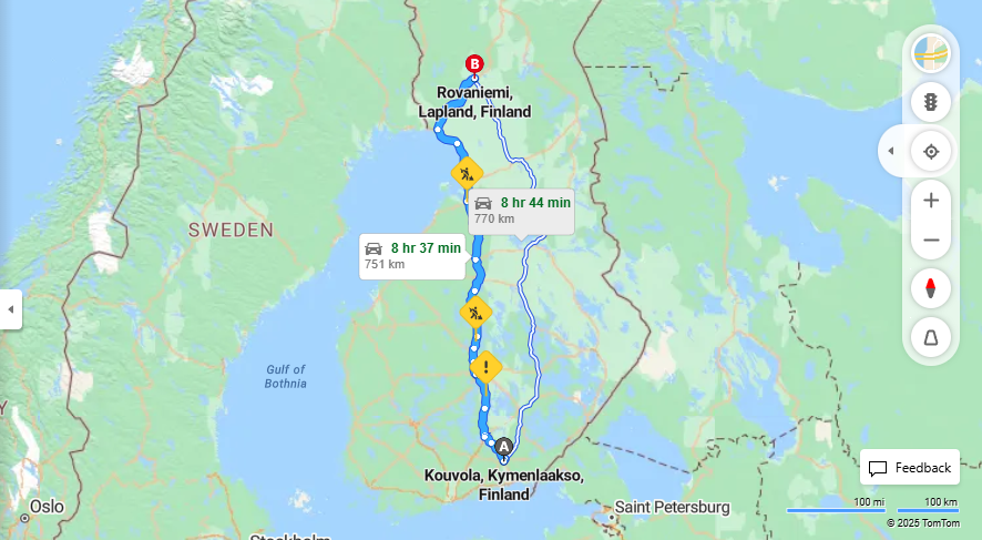 Kouvolasta Rovaniemelle - Etaisyydet, Ajaminen, Liikkuminen ja Matkavaihtoehdot