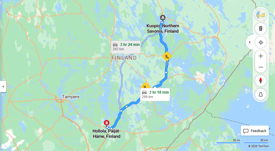 Kuopiosta Hollolaan - Etaisyys, Ajomatka, Liikenne ja Matkustamisvaihtoehdot