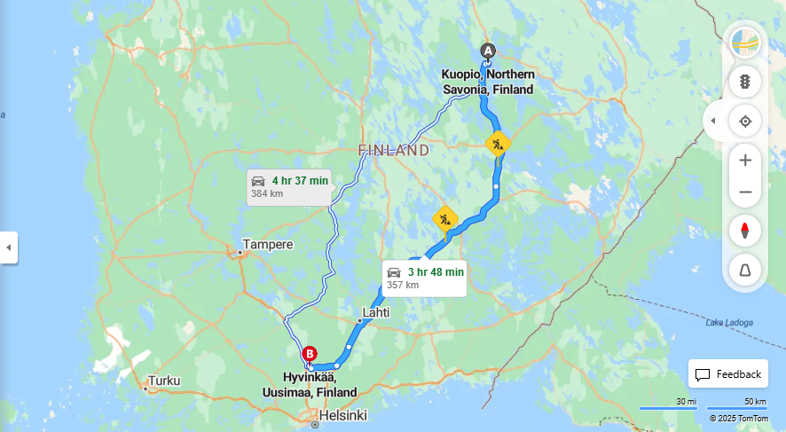 Kuopiosta Hyvinkaaseen - Etaisyys, Ajomatka, Kuljetus ja Matkavaihtoehdot