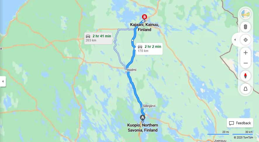 Kuopiosta Kajaaniin - Matkan etaisyys, ajo, liikenne ja matkustamisvaihtoehdot