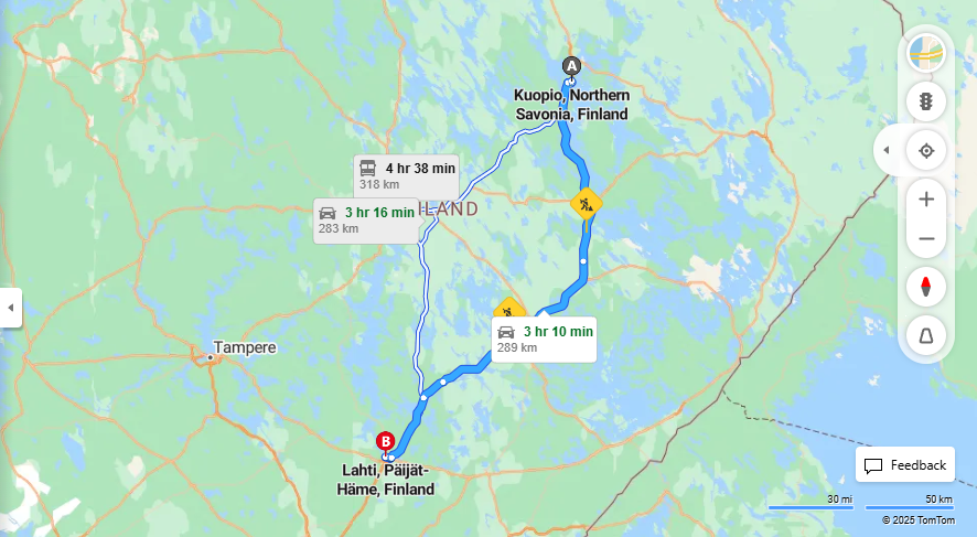 Kuopiosta Lahteen - Etaisyys, Ajo, Kuljetus ja Matkavaihtoehdot