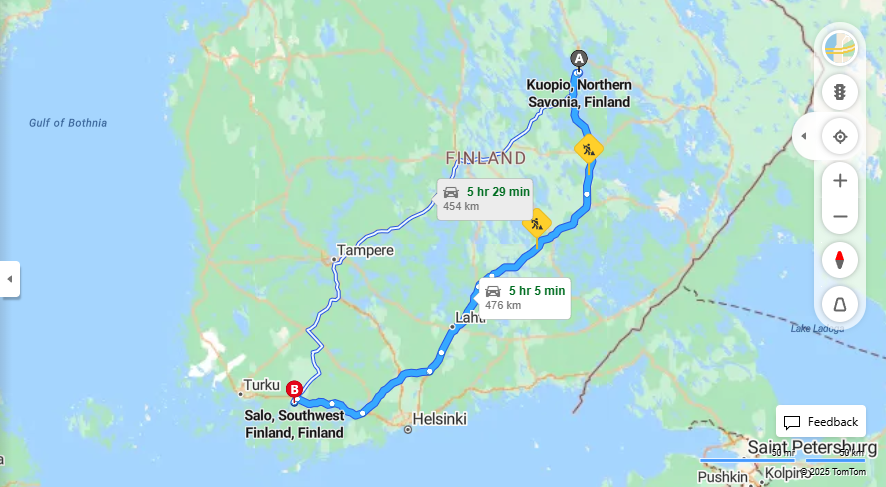 Kuopiosta Saloon - Etaisyys, Ajo, Kuljetus ja Matkustusvaihtoehdot