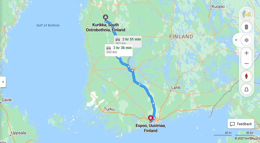 Kurikan ja Espoon valinen etaisyys, ajaminen, kuljetus ja matkustusvaihtoehdot
