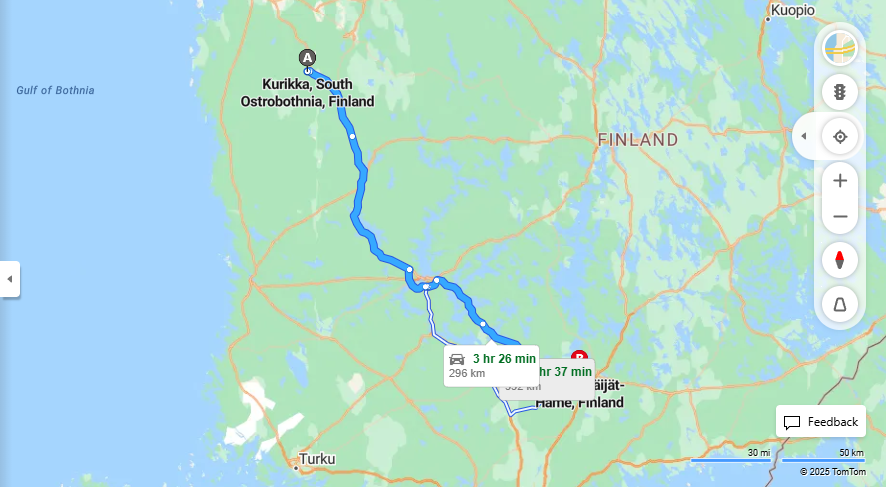 Kurikan ja Hollolan valinen etaisyys, ajaminen, kuljetus ja matkustusmahdollisuudet