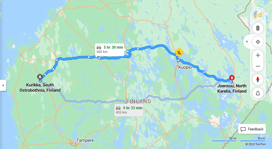 Kurikan ja Joensuun valinen matka: Etaisyys, ajo, liikenne ja matkustusvaihtoehdot