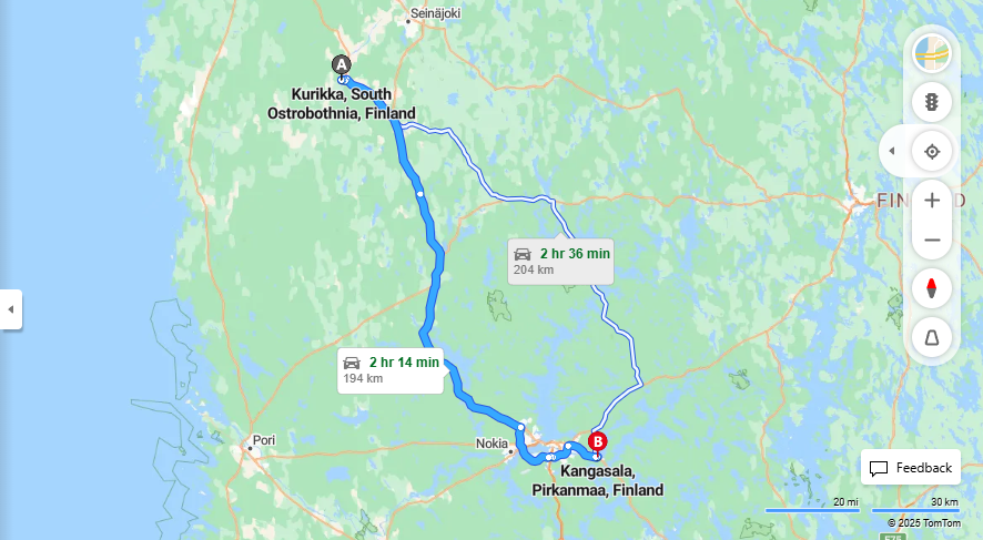 Kurikan ja Kangasalankin valinen etaisyys, ajo, kuljetus- ja matkustusvaihtoehdot