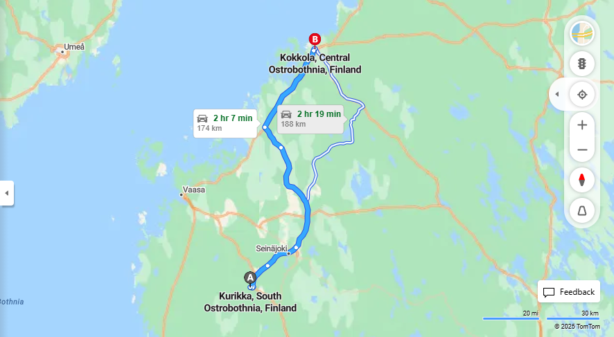 Kurikan ja Kokkolan valinen etaisyys ja matkustusvaihtoehdot