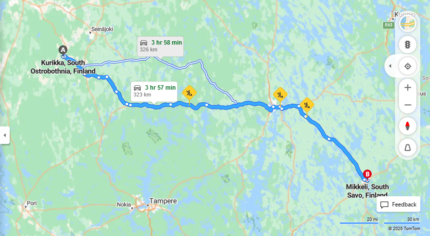 Kurikan ja Mikkelin valinen etaisyys, ajaminen, kuljetus ja matkustusvaihtoehdot