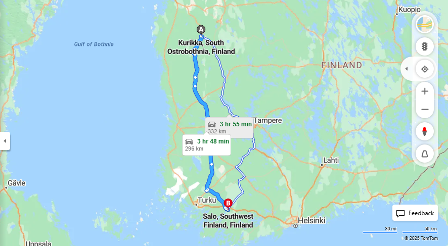 Kurikan ja Salon valinen matka: Etaisyys, ajo, kuljetus ja matkustusmahdollisuudet