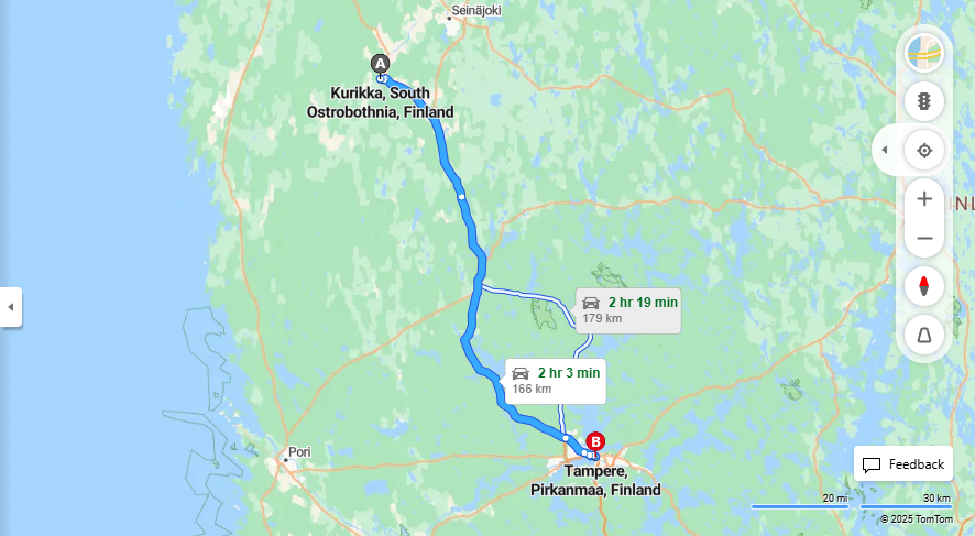 Kurikan ja Tampereen valinen matka: Etaisyys, Ajo, Liikenne ja matkustusvaihtoehdot