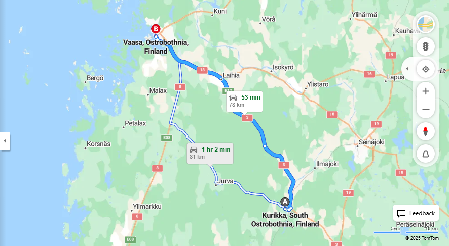 Kurikan ja Vaasan valinen matka: Etaisyys, ajo, kuljetus ja matkustusvaihtoehdot