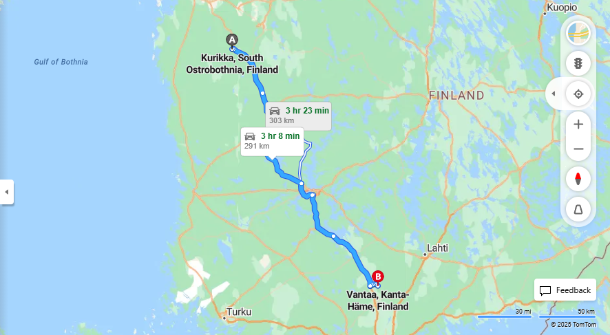 Kurikan ja Vantaan valinen matka: Etaisyys, ajo, liikenne ja matkustusvaihtoehdot