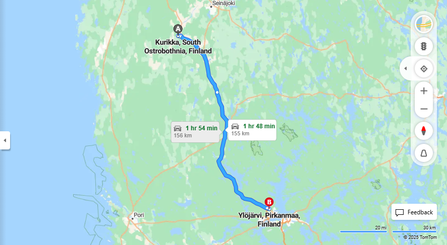 Kurikan ja Ylojarven valinen etaisyys, ajo, liikenne ja matkustusvaihtoehdot
