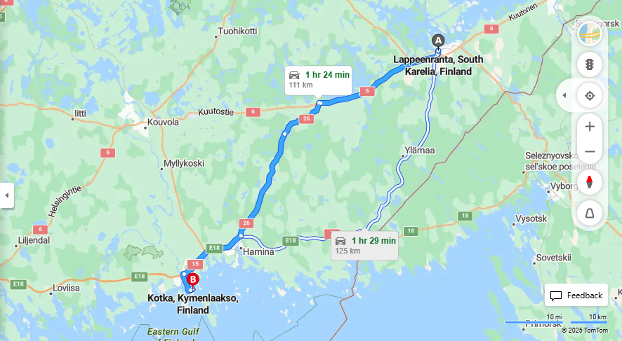 Lappeenrannan ja Kotkan valinen matka: Etaisyys, ajo, kuljetus ja matkustusvaihtoehdot