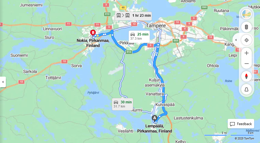 Lempaalasta Nokialle - Etaisyys, Ajo, Liikkuminen ja Matkustamisvaihtoehdot