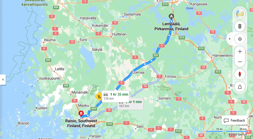 Lempaalasta Raisioon - Etaisyys, Ajaminen, Kuljetus ja Matkustusmahdollisuudet