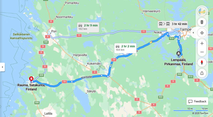 Lempaalasta Raumalle - Etaisyys, Ajo, Kuljetus ja Matkustusvaihtoehdot