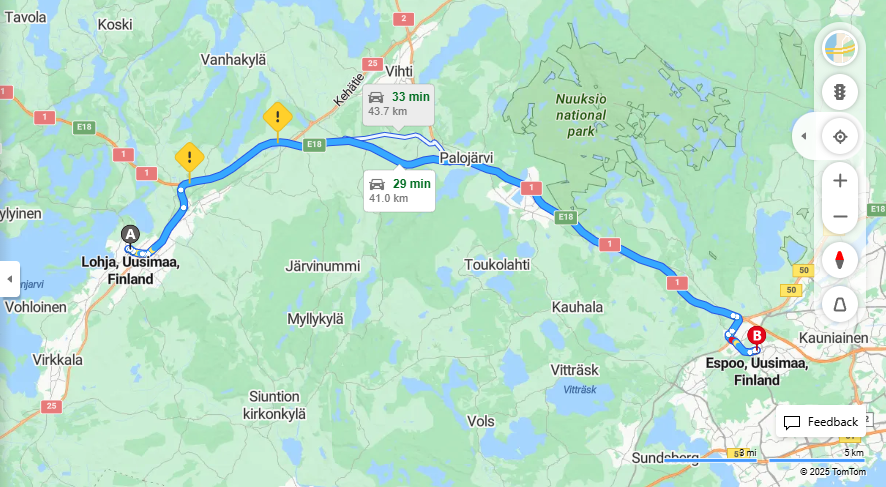 Lohjalta Espooseen - Etaisyydet, Ajo, Kuljetus ja Matkavaihtoehdot