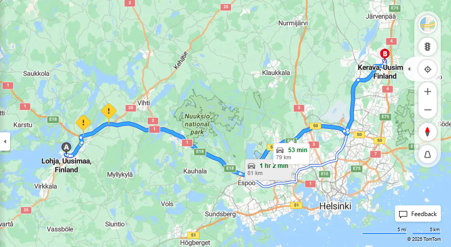 Lohjalta Keravalle - Etaisyys, Ajo, Liikkumis- ja Matkavaihtoehdot
