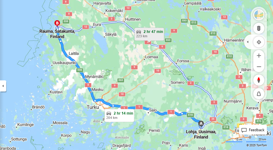 Lohjalta Raumalle - Etaisyys, Ajaminen, Kuljetus ja Matkavaihtoehdot