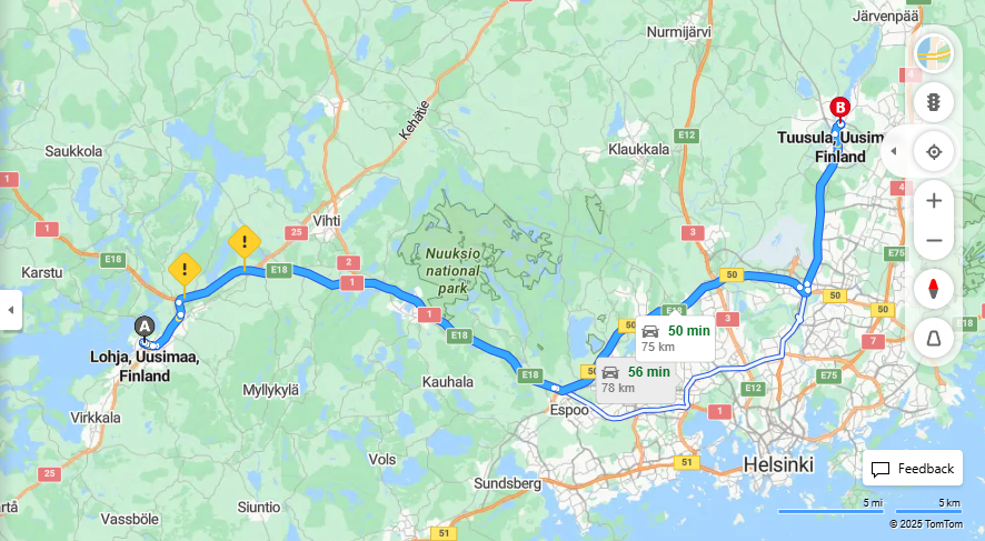 Lohjalta Tuusulaan - Etaisyys, Ajo, Kuljetus ja Matkavaihtoehdot