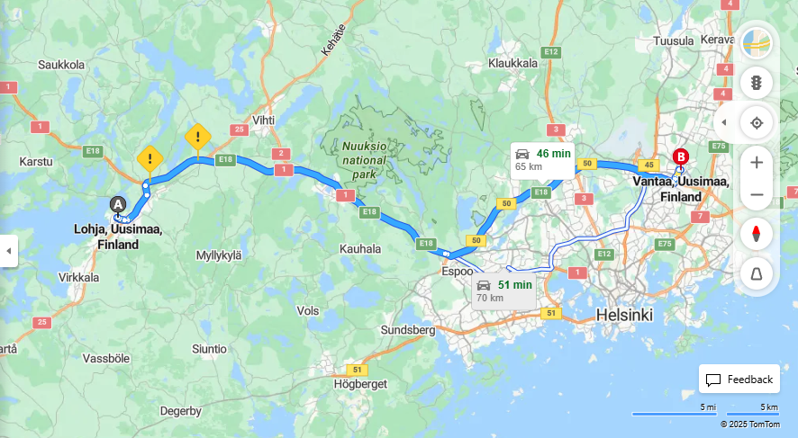 Lohjalta Vantaalle - Etaisyys, Ajomatka, Kuljetus ja Matkustusvaihtoehdot