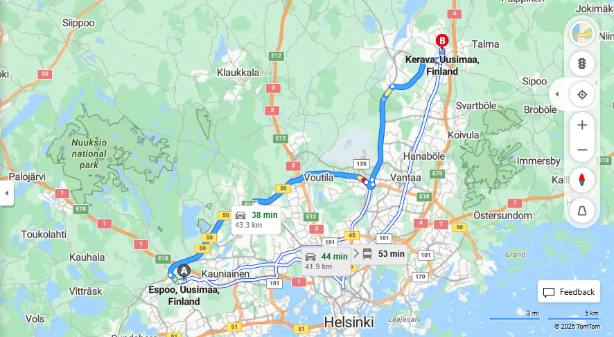 Matka Espoosta Keravalle - Etaisyys, Ajaminen, Kuljetus ja Matkustusmahdollisuudet