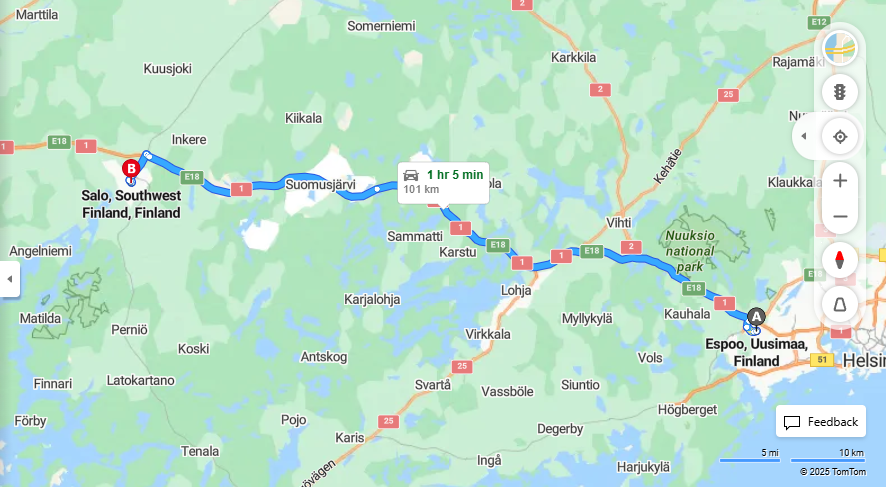 Matka Espoosta Salon: Etaisyys, Ajo, Liikenne ja Matkustamisvaihtoehdot