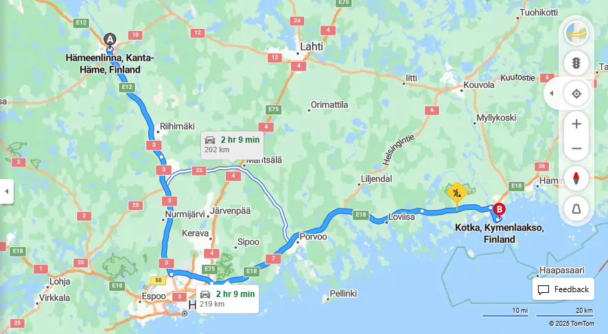 Matka Hameenlinnasta Kotkaan - Etaisyys, Ajo, Kuljetus ja matkustusvaihtoehdot