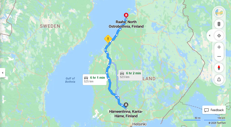 Matka Hameenlinnasta Raaheen - Etaisyys, ajo, liikkumismahdollisuudet ja matkustustavat