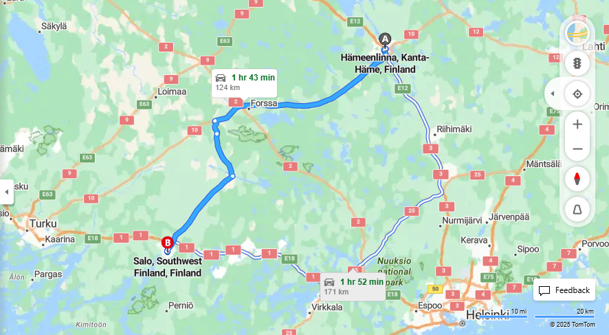 Matka Hameenlinnasta Saloon - Etaisyys, Ajaminen, Kuljetus ja Matkavaihtoehdot