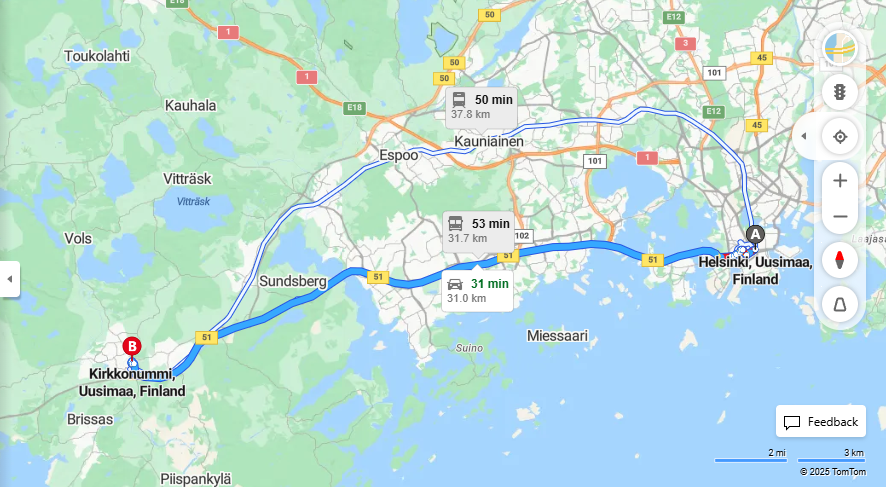 Matka Helsingista Kirkkonummelle - Etaisyys, Ajomatka, Kuljetus ja Matkustamisvaihtoehdot
