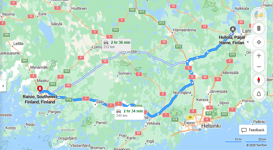 Matka Hollolasta Raisioon - Etaisyys, Ajaminen, Kuljetus ja matkustusvaihtoehdot