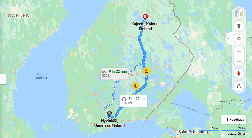 Matka Hyvinkaasta Kajaaniin - Etaisyys, Ajo, Liikenne ja Matkustusvaihtoehdot