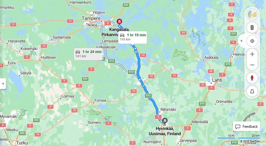 Matka Hyvinkaasta Kangasalalle - Etaisyys, Ajo, Liikkuminen ja Matkavaihtoehdot