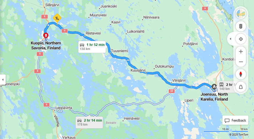Matka Joensuusta Kuopioon - Etaisyys, ajo, liikenne ja matkustusvaihtoehdot