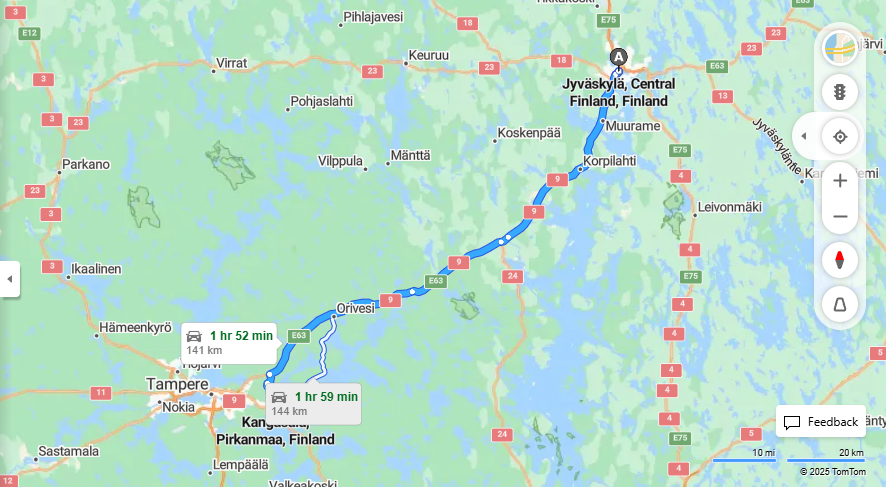 Matka Jyvaskylasta Kangasalle - Etaisyys, Ajo, Kuljetus ja Matkustusvaihtoehdot
