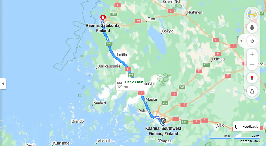 Matka Kaarinasta Raumalle - Etaisyys, ajo, kuljetus ja matkustusmahdollisuudet