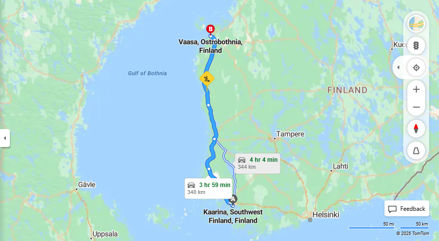 Matka Kaarinasta Vaasaan - Etaisyydet, Ajo, Liikenne ja Matkustusmahdollisuudet