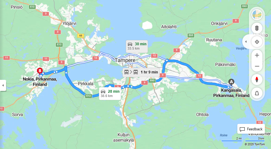 Matka Kangasalalta Nokialle - Etaisyys, Ajo, Liikenne ja Matkustusvaihtoehdot