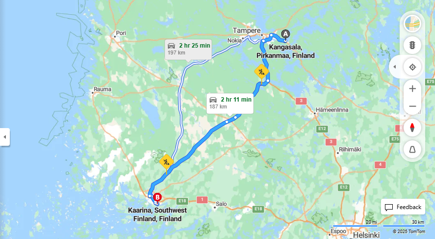 Matka Kangasalta Kaarinaan - Etaisyys, Ajo, Liikkuminen ja Matkustusmahdollisuudet