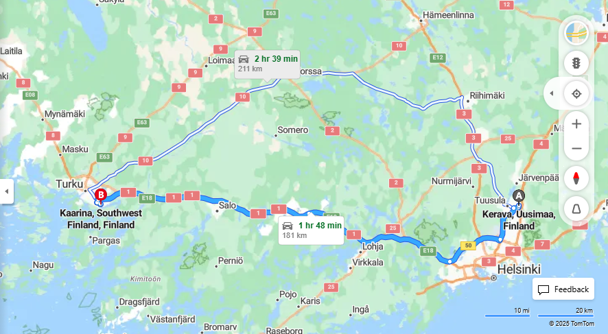 Matka Keravalta Kaarinaan - Etaisyys, Ajo, Liikenne ja Matkustusvaihtoehdot