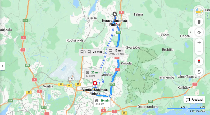Matka Keravasta Vantaalle - Etaisyys, Ajaminen, Liikenne ja Matkustusvaihtoehdot