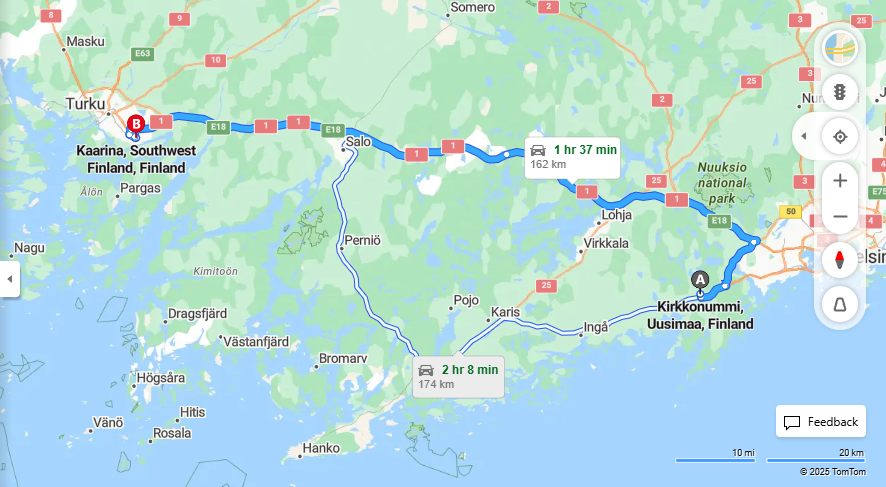 Matka Kirkkonummelta Kaarinaan - Etaisyys, Ajo, Kuljetus ja Matkustusmahdollisuudet